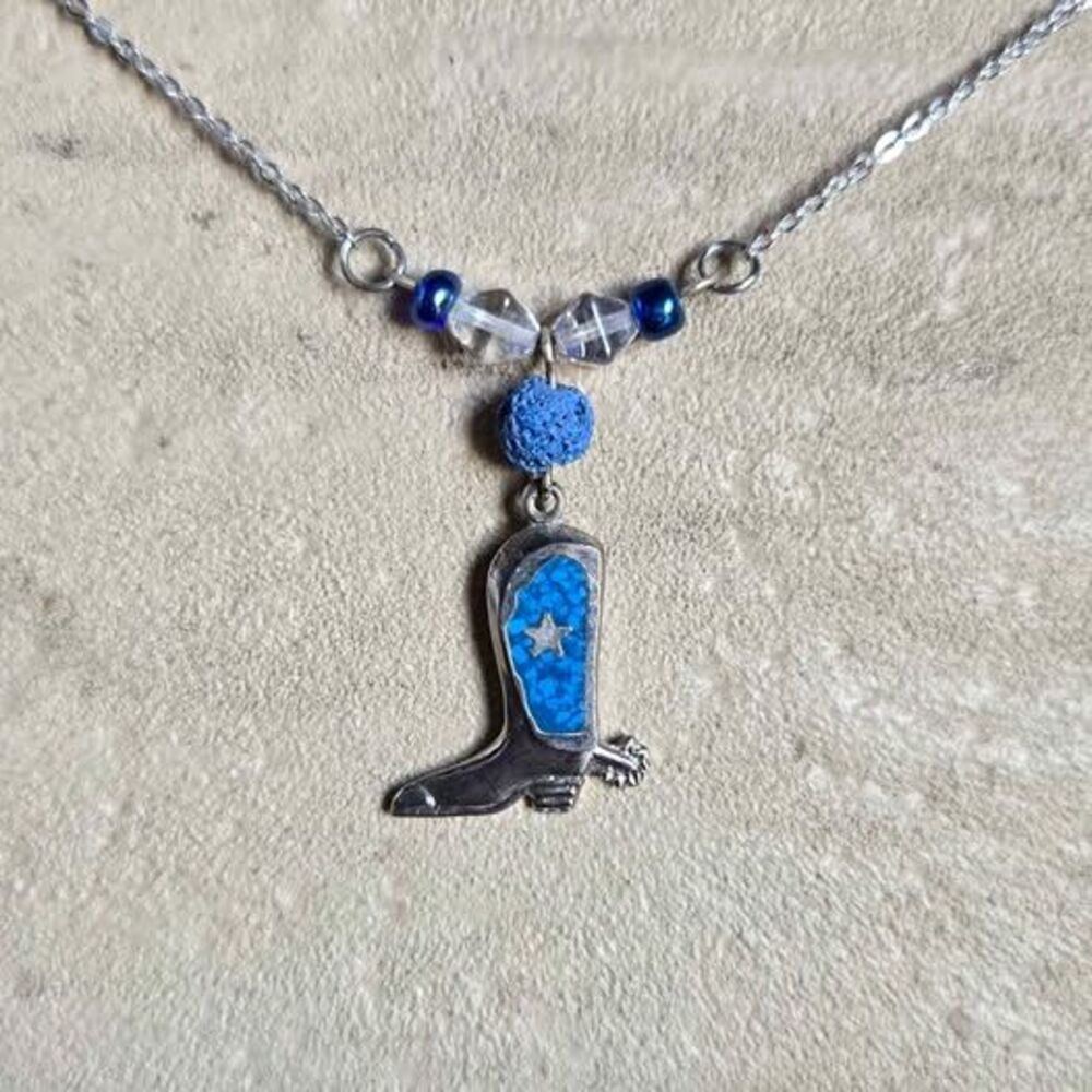 Handmade Aromatherapy Cowboy Boot Necklace with Blue Accent Beads